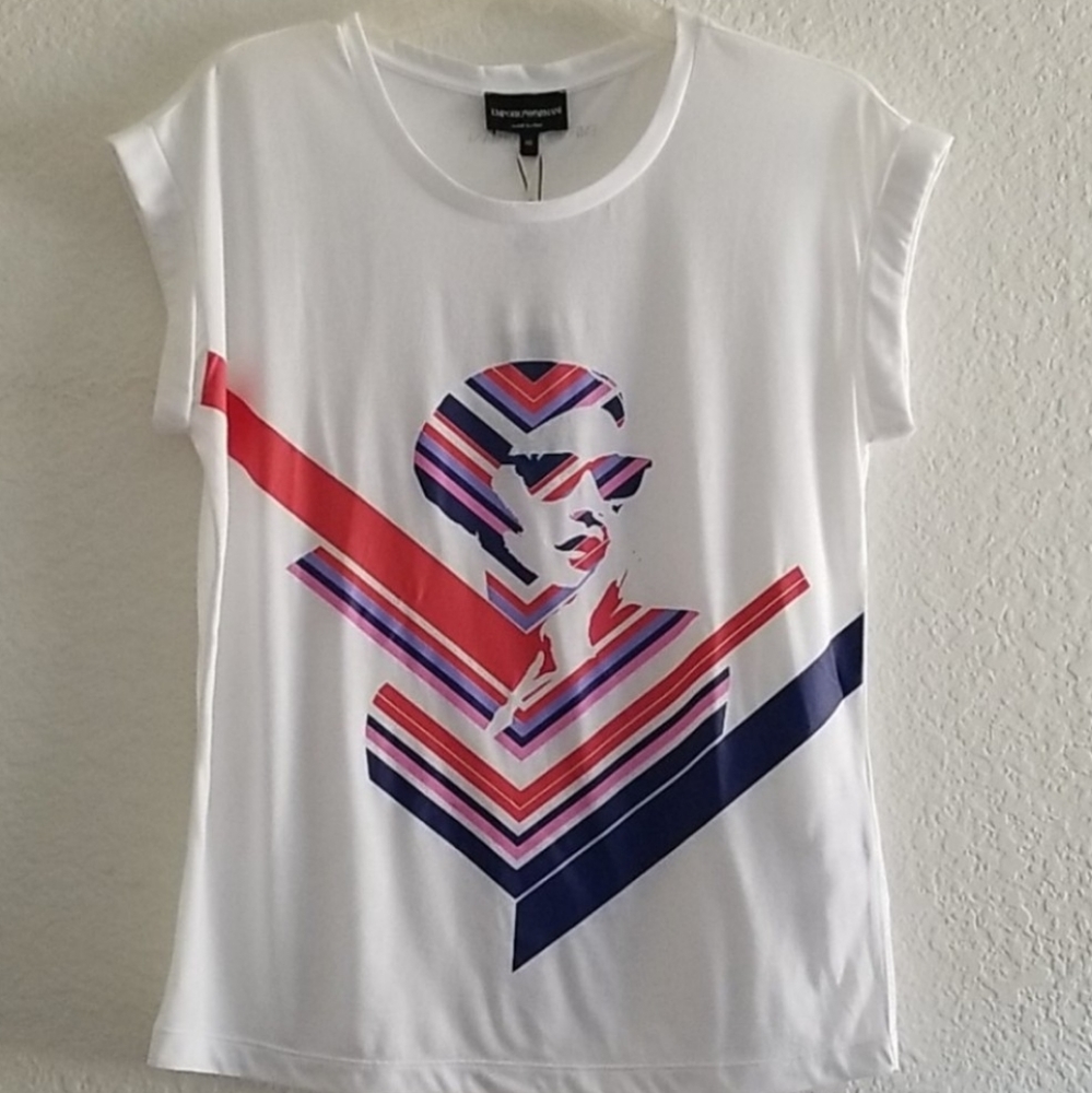 Emporio Armani Print Round Neck Drop Shoulder Top White Size S Small - Picture 3 of 4